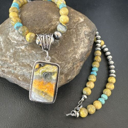 Men's BumbleBee Jasper Pendant Necklace | Navajo Pearls | Sterling Silver | Authentic Native American Handmade | 16874