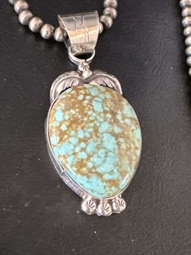 Navajo Pearls Sterling Silver Necklace Pendant | Blue Turquoise #8 | Authentic Native American Handmade | 14856