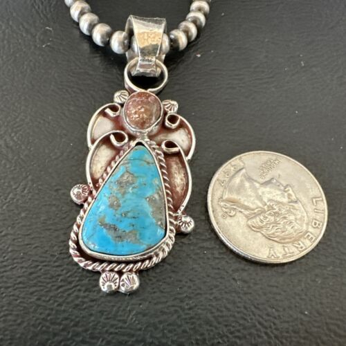 Navajo Blue Kingman Turquoise Wild Horse Pendant Necklace | Sterling Silver | Authentic Native American Handmade | 17224