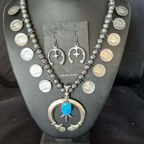 Navajo Kingman Turquoise Naja Pendant Necklace | Sterling Silver | Authentic Native American Handmade | 15158