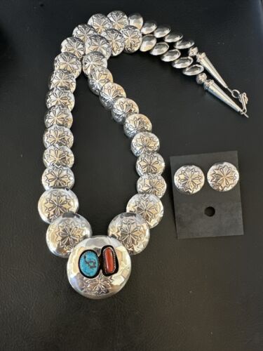 Navajo Coral Turquoise Necklace | Graduated Sterling Silver Pillow Stamped | 15636