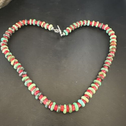 Navajo Green Turquoise and Round Coral Necklace | Sterling Silver | 18" | Authentic Native American Handmade | 17580 - Masha USA