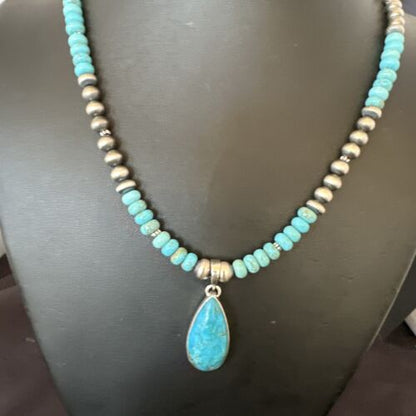 Navajo Blue Turquoise Pendant Necklace | Sterling Silver | Authentic Native American Handmade | 16652