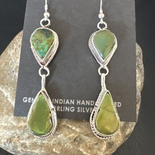 Navajo Green Royston Turquoise Dangle Earrings | Sterling Silver | Authentic Native American Handmade | 16490 - Masha USA
