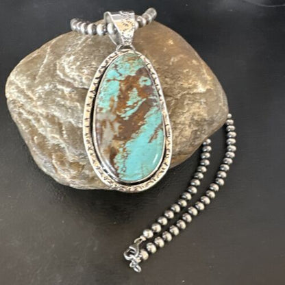 Navajo Blue Turquoise #8 Pendant Necklace | Sterling Silver Pearls | Authentic Native American Handmade | 16346