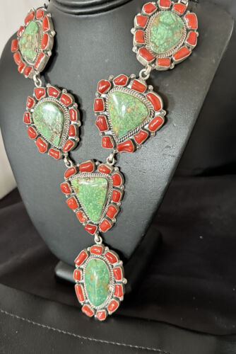 Navajo Green Turquoise and Coral Lariat Necklace Pendant | 23" | Authentic Native American Handmade | 16191
