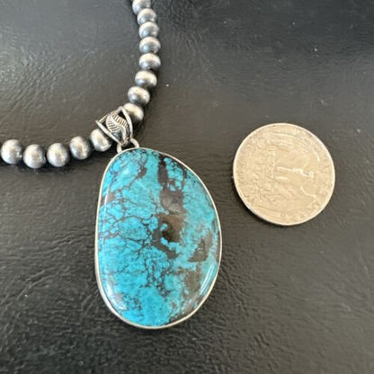 Men's Navajo Blue Spiderweb Turquoise Pendant Necklace | Sterling Silver | Authentic Native American Handmade | 16273
