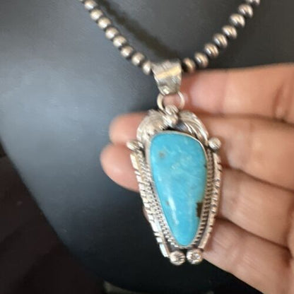 Navajo Kingman Turquoise Pendant Necklace | Sterling Silver | Native American Handmade | 15216 - Masha USA