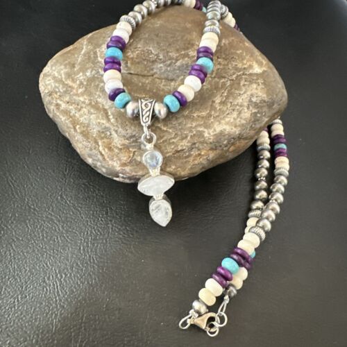 Navajo White Mother of Pearl, Turquoise, Sugilite Pendant Necklace | Sterling Silver | 16851