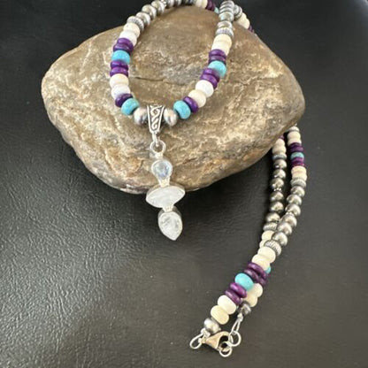 Navajo White Mother of Pearl, Turquoise, Sugilite Pendant Necklace | Sterling Silver | 16851