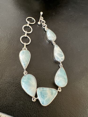 Navajo Blue Larimar Bracelet | Sterling Silver Link | 8" | Authentic Native American Handmade | 16082