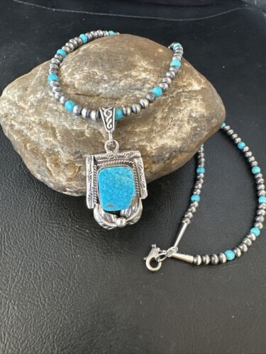 Navajo Pearls Kingman Turquoise Necklace | Sterling Silver | Authentic Native American Handmade | 14895 - Masha USA
