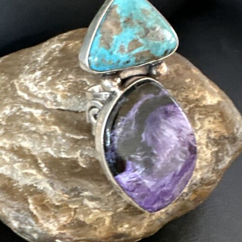 Navajo Blue Turquoise Purple Charoite Ring | Authentic Native American Sterling Silver | Multi-Stone | Sz 8 | 15916