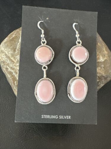 Navajo Pink Conch Shell Dangle Earrings | Sterling Silver | Authentic Native American Handmade | 17200