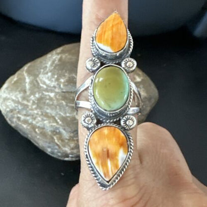 Navajo Green Turquoise Spiny Oyster Multi-Stone Ring | Authentic Native American Sterling Silver | Sz 10 | 16711