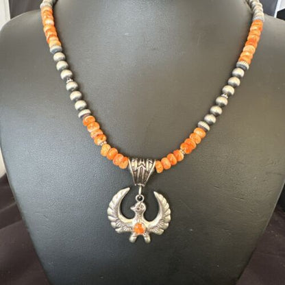 Navajo Thunderbird Orange Spiny Oyster Pendant Necklace | Sterling Silver | Authentic Native American Handmade | 16852