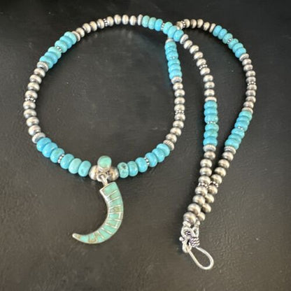Navajo Blue Turquoise Inlay Pendant | Sterling Silver Necklace | Authentic Native American Handmade | 15422