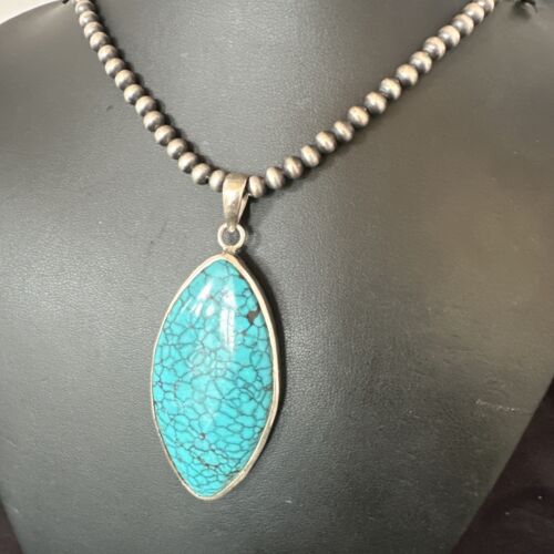 Men's Navajo Blue Spiderweb Turquoise Pendant Necklace | Sterling Silver | Authentic Native American Handmade | 16210