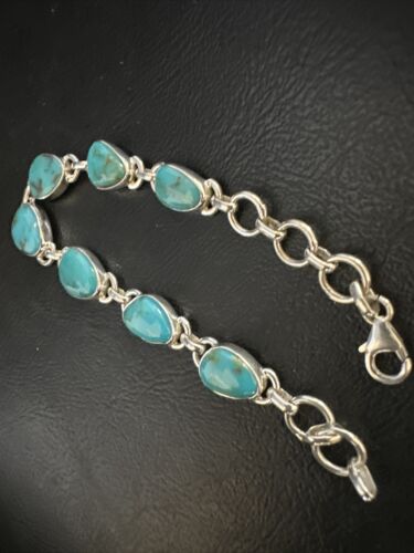 Navajo Blue Turquoise Link Bracelet | Sterling Silver | 8" | Authentic Native American Handmade | 15475