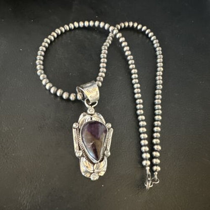 Navajo Purple Sugilite Pendant with Pearls | Sterling Silver Bead Necklace | Authentic Native American Handmade | 15413