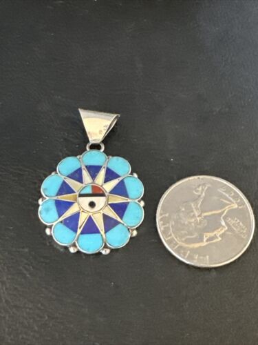 Zuni Sun Face Pendant | Turquoise, Mother of Pearl, Onyx Inlay | Sterling Silver | Native American Handmade | 15179