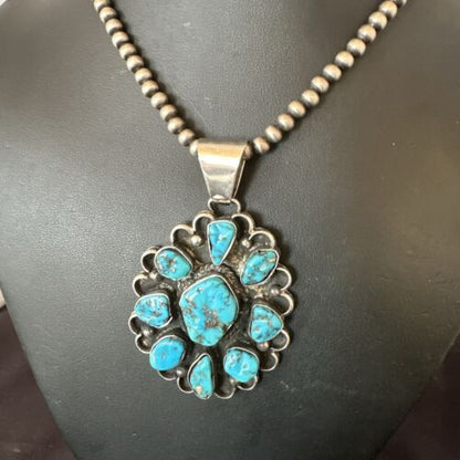 Navajo Blue Kingman Turquoise Cluster Pendant | Sterling Silver | 3" | Authentic Native American Handmade | 17417