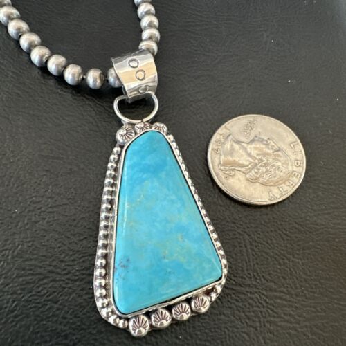 Navajo Pearls Kingman Turquoise Pendant Necklace | Sterling Silver | Authentic Native American Handmade | 17132