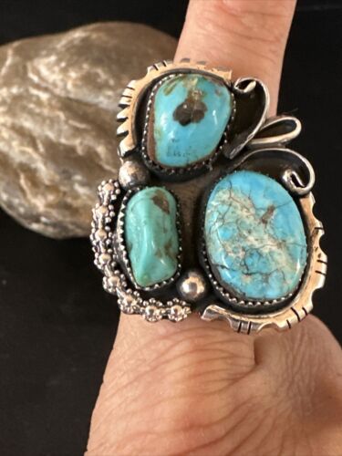 Navajo Blue Turquoise Cluster Ring | Authentic Native American Sterling Silver | Multi-Stone | Sz 8.5 | 14838
