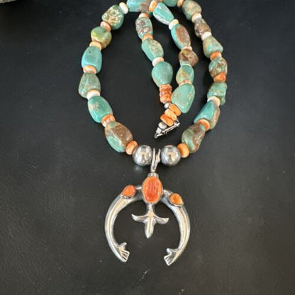 Men's Green Turquoise Spiny Oyster Naja Pendant Necklace | Navajo Sterling Silver | 22" | Authentic Native American Handmade | 15225