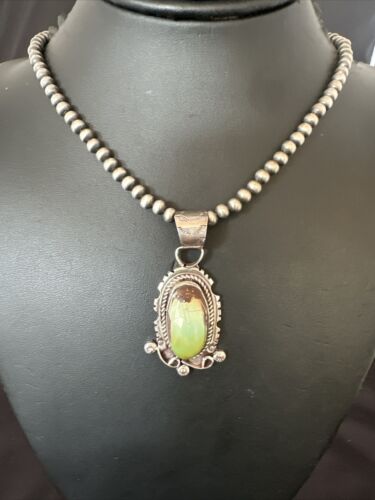 Navajo Royston Turquoise Pendant Necklace | Sterling Silver Pearls | Authentic Native American Handmade | 17060