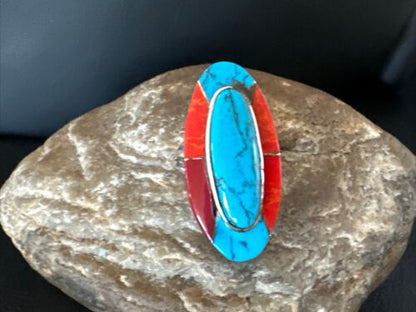 Native American Navajo Blue Turquoise Spiny Oyster Inlay Band Ring | Sz 9 | 16431