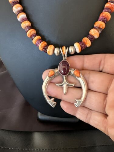 Navajo Orange Purple Spiny Oyster Naja Pendant Necklace | Sterling Silver | Authentic Native American Handmade | 15536