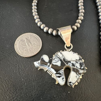 Navajo White Buffalo Turquoise Bear Inlay Pendant Necklace | Sterling Silver | Native American Handmade | 15248