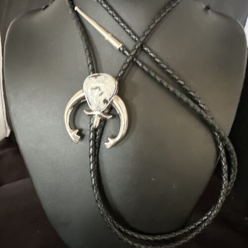 Men's Naja White Buffalo Turquoise Bolo Tie | Navajo Sterling Silver | Authentic Native American Handmade | 15275 - Masha USA