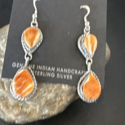 Navajo Orange Spiny Oyster Dangle Earrings | Sterling Silver | 1.5" | Authentic Native American Handmade | 16564
