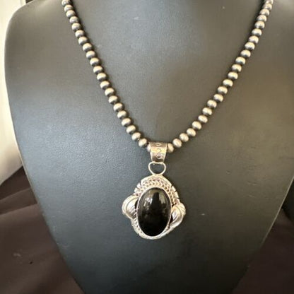 Navajo Pearls Black Onyx Necklace Pendant | Sterling Silver | Authentic Native American Handmade | 16533