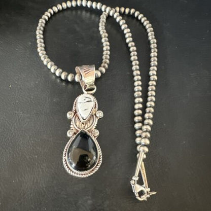 Women's White Buffalo Turquoise Onyx Necklace Pendant | Sterling Silver | Multi-Stone | 15314