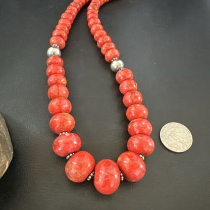 Authentic Navajo Sterling Silver Necklace | Apple Sponge Coral Graduated Beads | 25" | Native American Jewelry | 16815