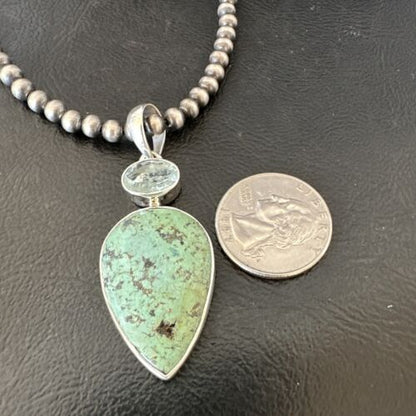 Navajo Dry Creek Turquoise Topaz Pendant Necklace | Sterling Silver | Authentic Native American Handmade | 16445