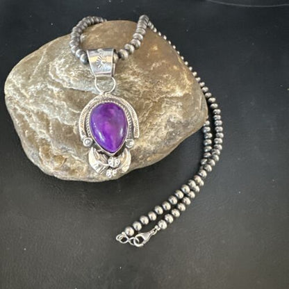 Navajo Purple Sugilite Pendant with Pearls | Sterling Silver Necklace | Authentic Native American Handmade | 15452