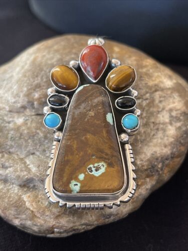 Navajo Sterling Silver Pendant | Turquoise #8, Onyx, Tigers Eye | Authentic Native American Handmade | 16835