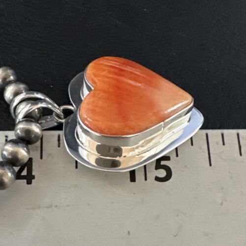 Navajo Orange Heart Spiny Oyster Pendant | Sterling Silver Necklace | Authentic Native American Handmade | 15015