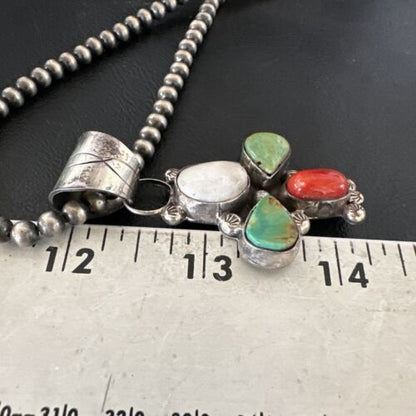 Navajo Green White Turquoise | Coral Pendant Necklace | Sterling Silver | Native American Handmade | 16831