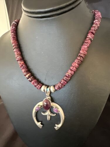 Navajo Purple Spiny Oyster Naja Pendant Necklace | Sterling Silver | 24" | Authentic Native American Handmade | 15537