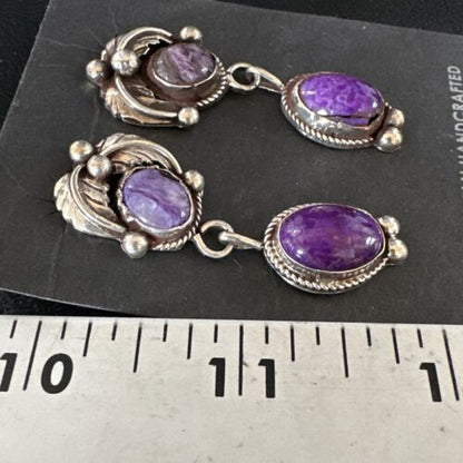 Navajo Purple Sugilite Charoite Dangle Earrings | Sterling Silver | 2" | Authentic Native American Handmade | 15258