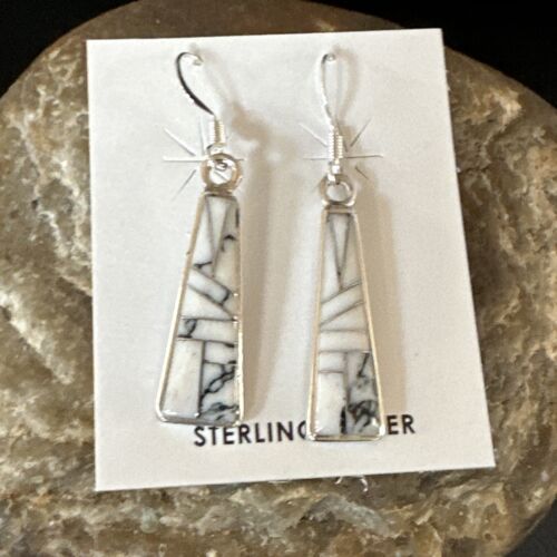 White Buffalo Turquoise Inlay Earrings | Navajo Sterling Silver | Authentic Native American Handmade | 15702