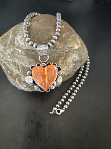 Navajo Orange Spiny Oyster Heart Pendant Necklace | Sterling Silver | Authentic Native American Handmade | 16425