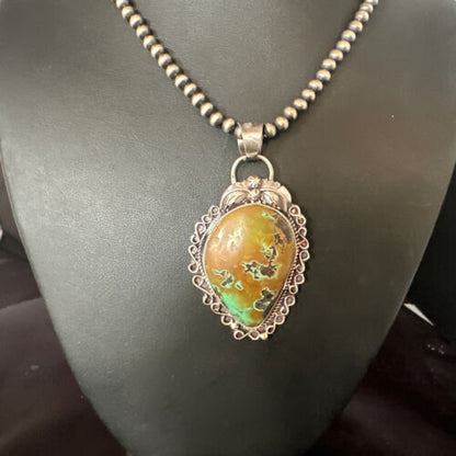 Navajo Mint Green Turquoise Pendant Necklace | Sterling Silver | Authentic Native American Handmade | 15034
