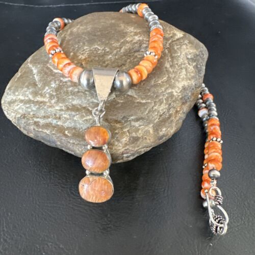 Navajo Orange Spiny Oyster Pendant Necklace | Sterling Silver | Multi-Stone | Authentic Native American Handmade | 15254