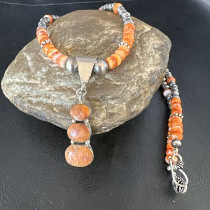 Navajo Orange Spiny Oyster Pendant Necklace | Sterling Silver | Multi-Stone | Authentic Native American Handmade | 15254